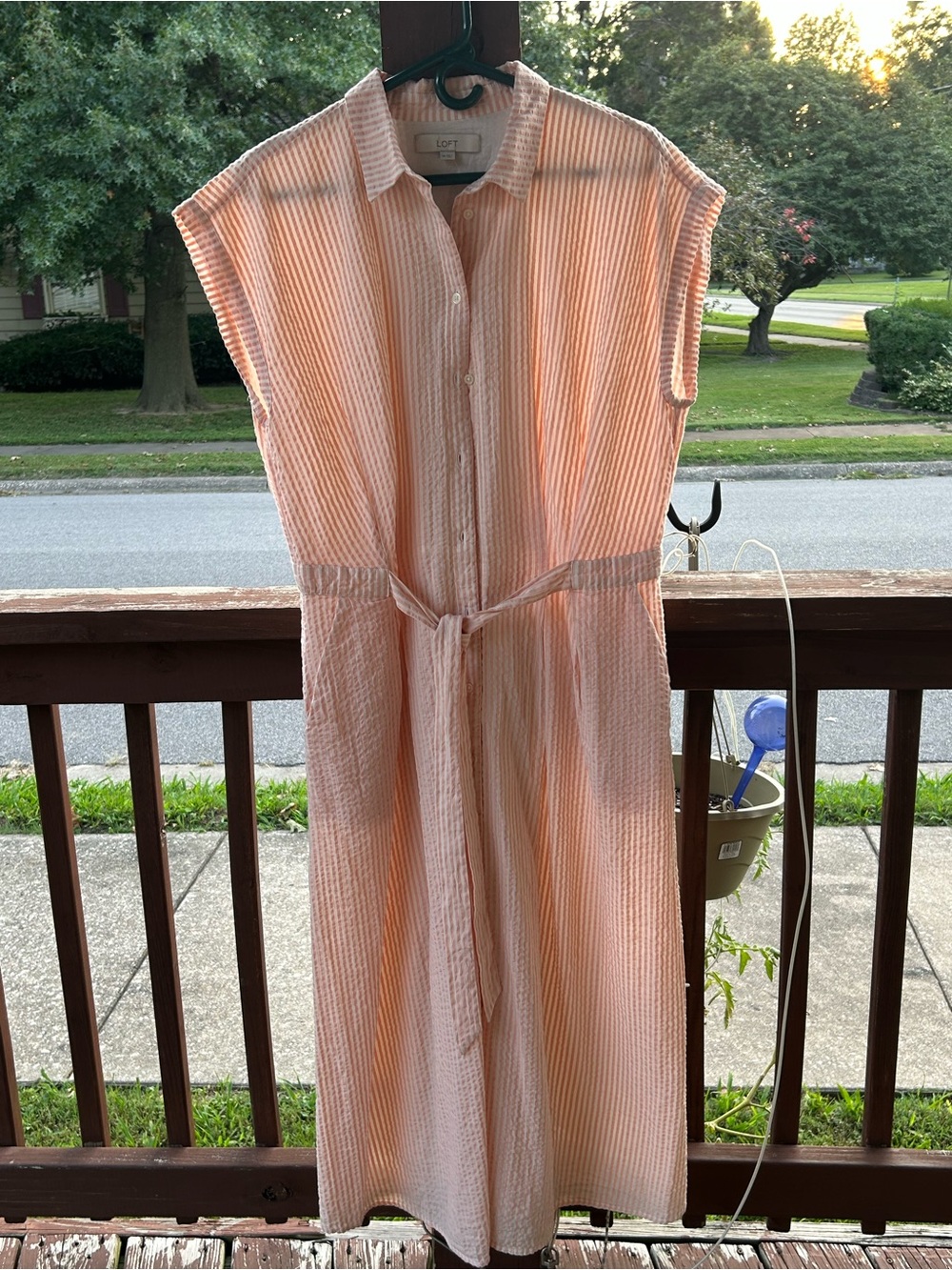 LOFT Peach-Striped Sleeveless Midi Shirt Dress with Waist Tie